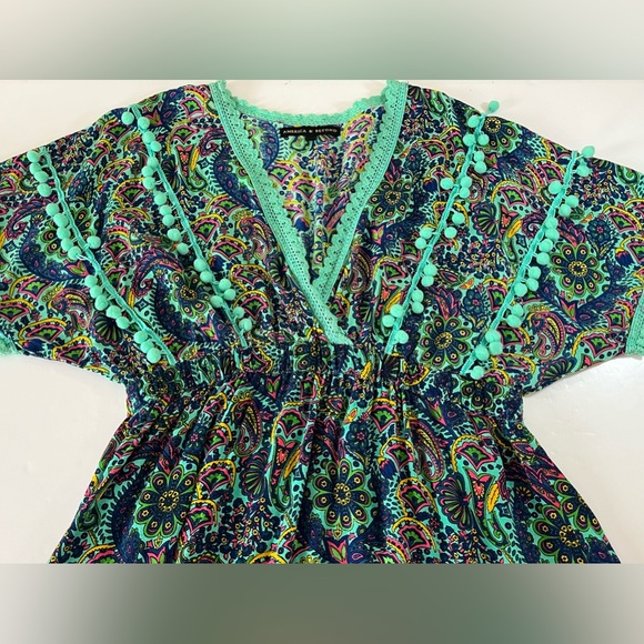 America & Beyond Bohemian Empire Waist Paisley Pom Pom Swim Cover Up Large - Picture 7 of 10